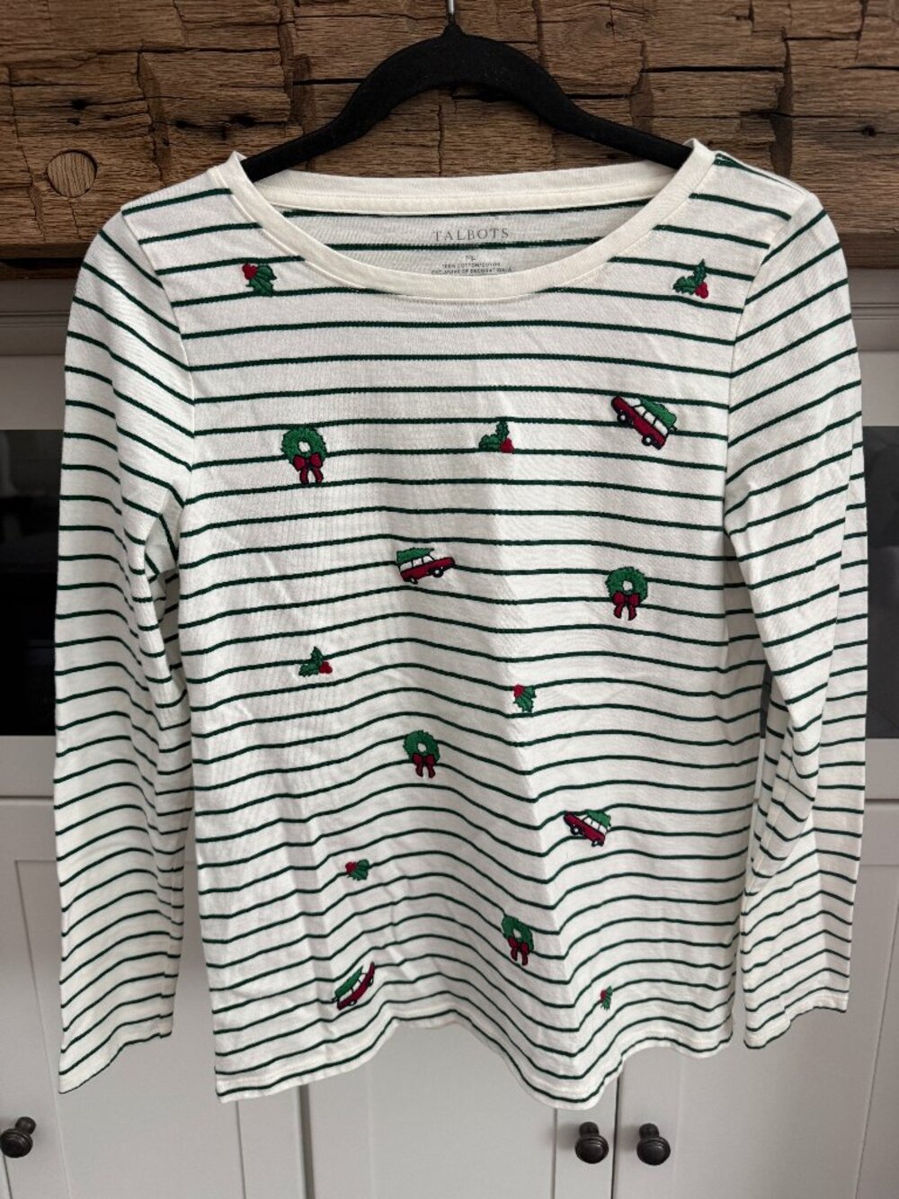 Talbots Christmas Embroidered Striped Top Sz MP Wreath Car Holiday Tee